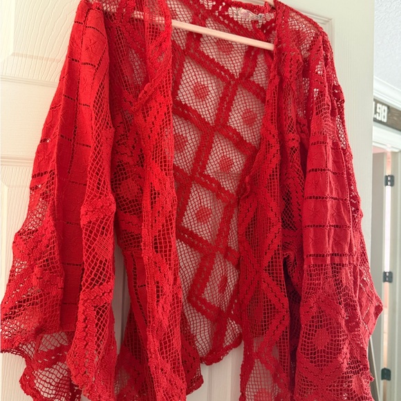 ❤️Free People Bold Red. Off The Coast Crochet Layer NWT hard to find one size ❤️ - Picture 4 of 11